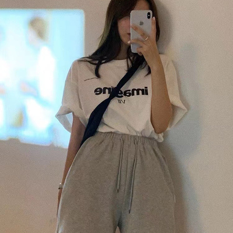 “IMAGINE” Statement Tee – Casual Cool with a Bold Voice Loose Korean Letter T-shirt Top