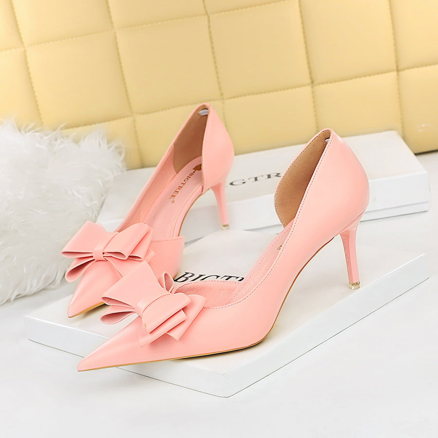 Shallow Mouth Pointed Toe Side Hollow Bow Single Heel Shoes