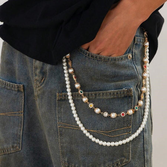 Stylish Pearl & Beaded Jeans Chain Women's Versatile Double Layer Metal Chain
