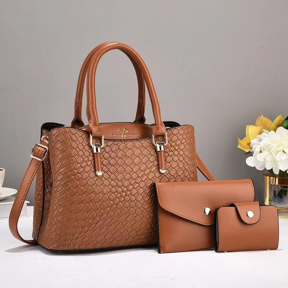 Versatile Everyday Commuter Bag with Crossbody Strap Woven Texture Three-piece Set Large Capacity One Shoulder Combination Bags