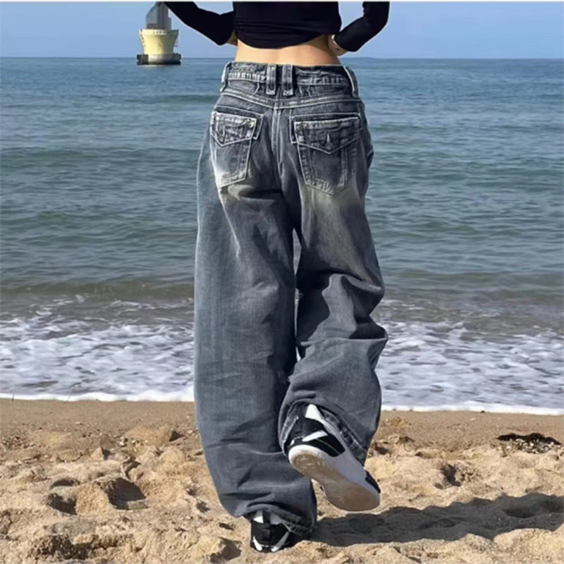 Faded Washed Wide-Leg Jeans – Vintage Y2K Streetwear Denim Distressed Straight Wide Leg Vintage Blue High Waist Jeans For Women