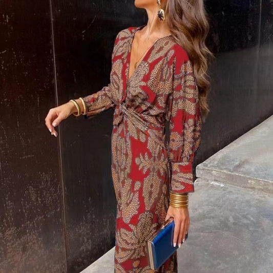 Summer Nine-quarter Sleeve V-neck Painted Dress For Women's