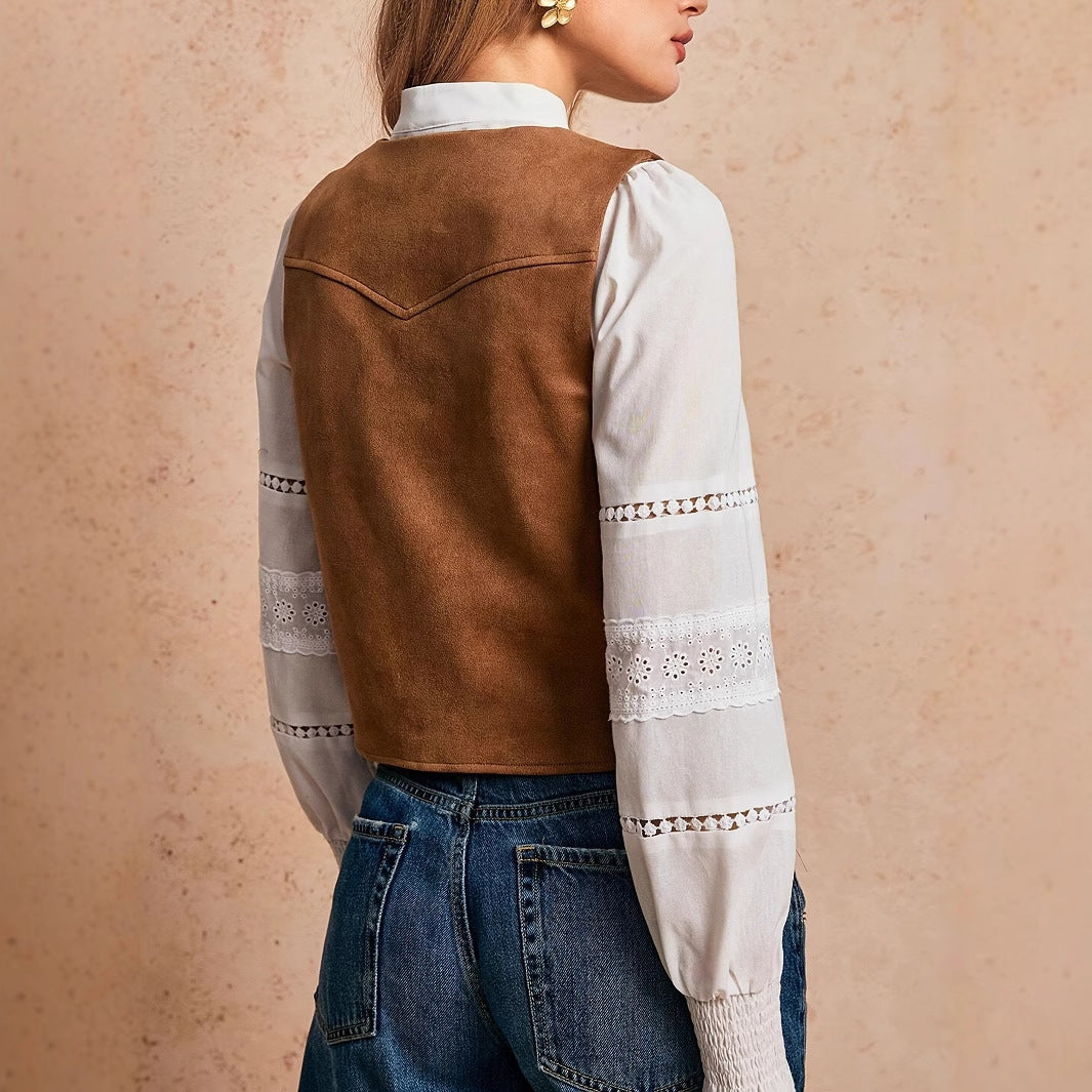 Solid Color Casual Retro Tassel Decoration Front Metal Button Vest Jacket