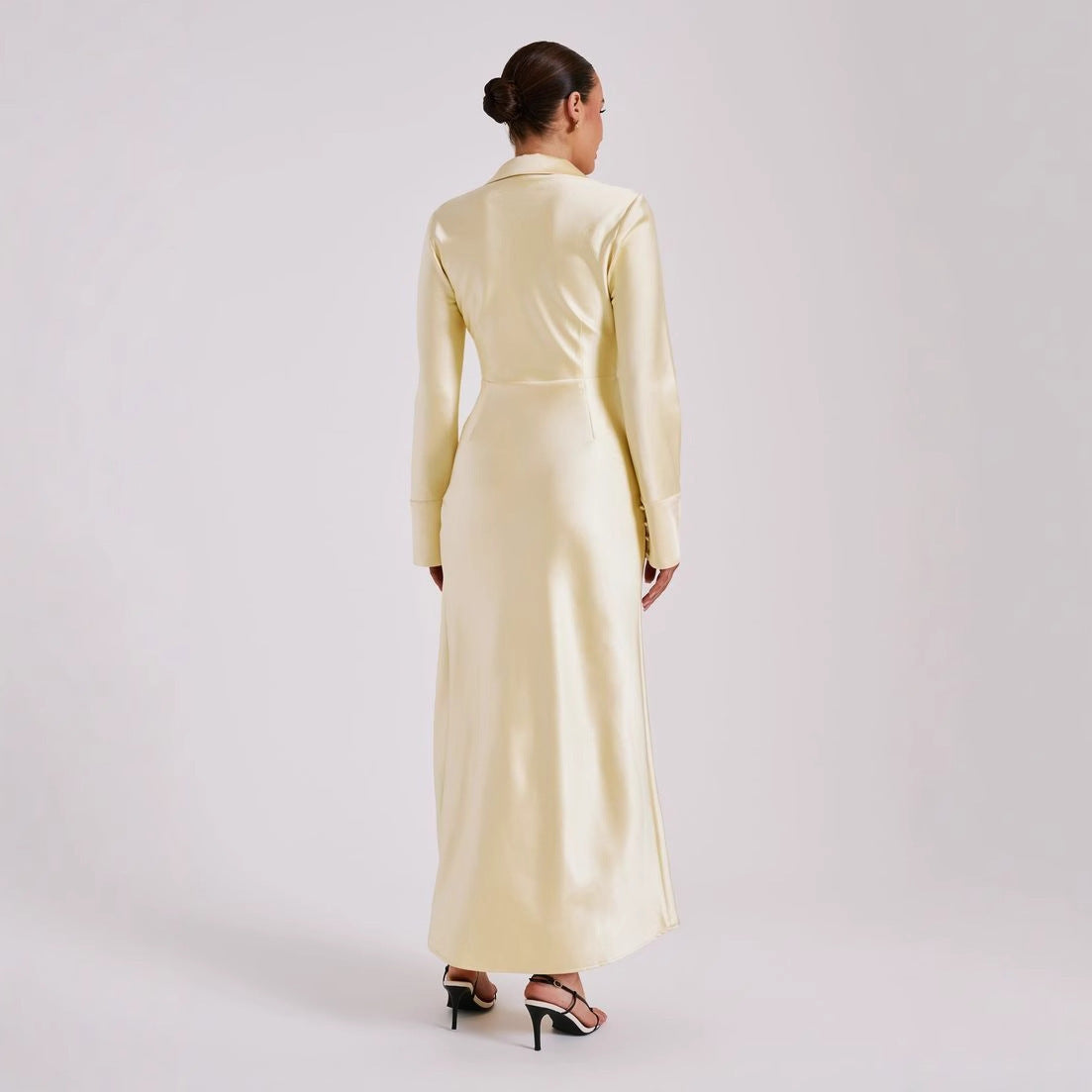 Luxurious Silky Long Dress with Classic Collar & Slit Detail Women's Satin Dress Long Sleeve Split