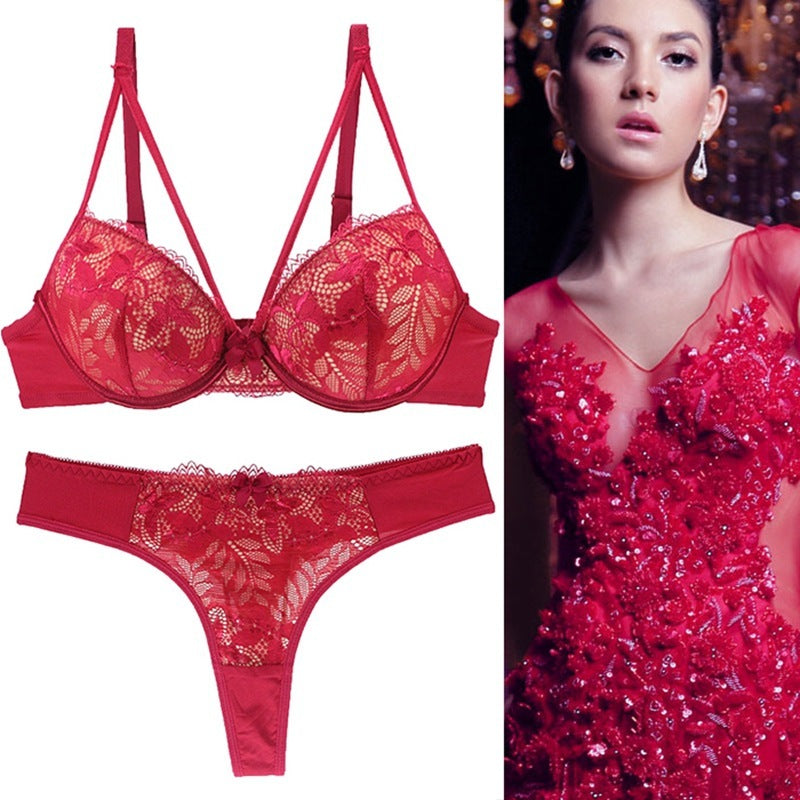 Lace Bra & Thong Set - Elegant Underwired Lingerie Push Up Underwear For Women Lace Bra Set
