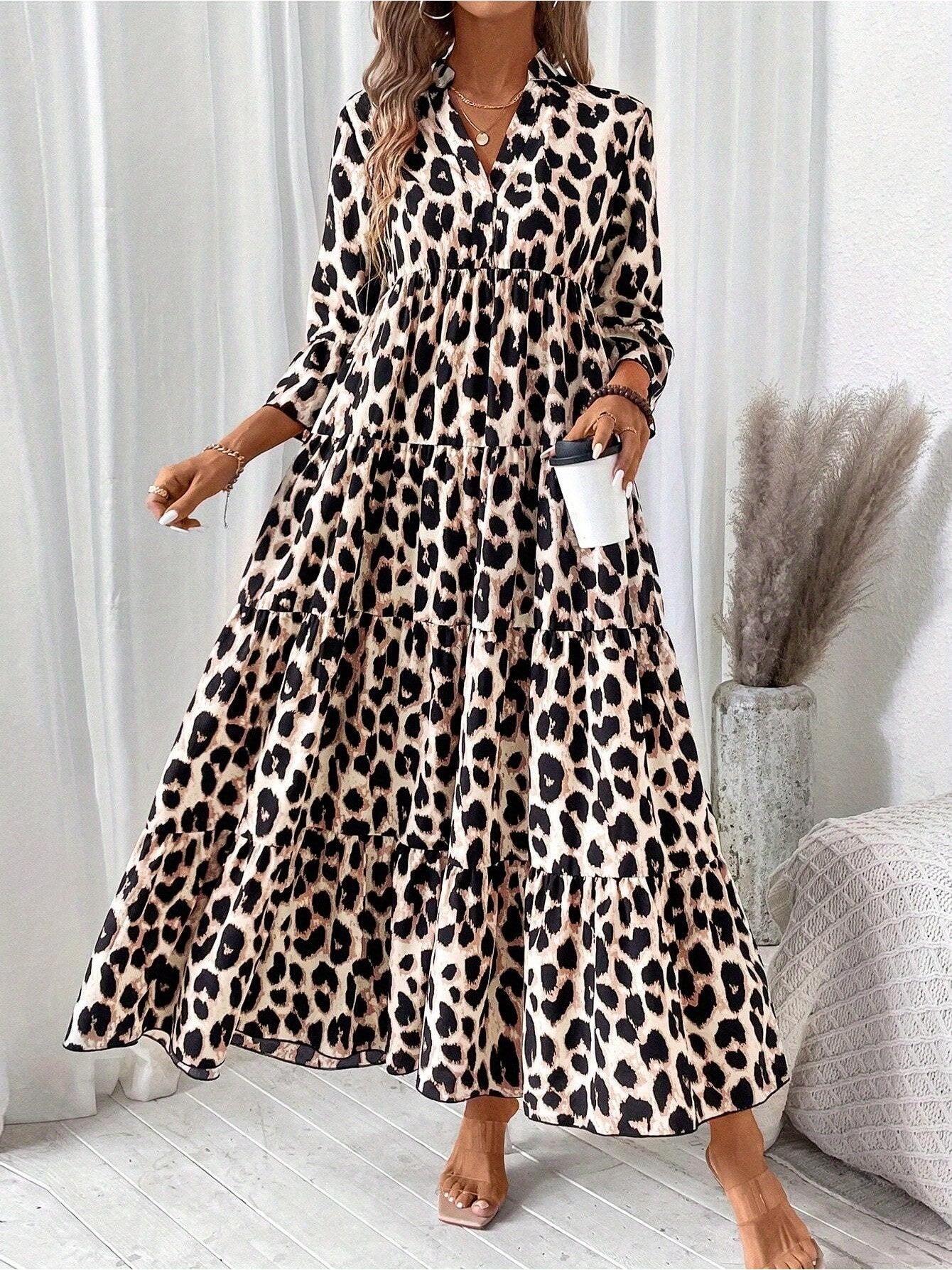 Leopard Print Mid-Sleeve Loose-Fit Casual Comfortable Maxi Dress - Flattering For Slimming