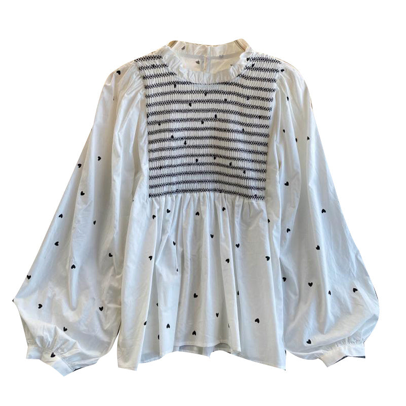 Boho-Chic Polka Dot Peplum Top with Ruffled Collar Korean Girl Puff Sleeve Top Women's Bottoming Shirt