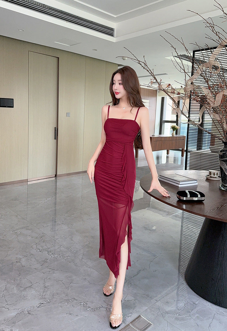 Sexy Long Mesh Hip Spaghetti Straps Design Sense Dress