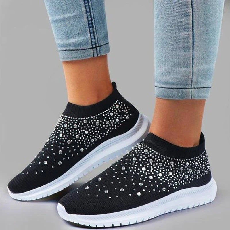Sparkling Rhinestone Slip-On Sneakers Rhinestone Flyknit Sneakers