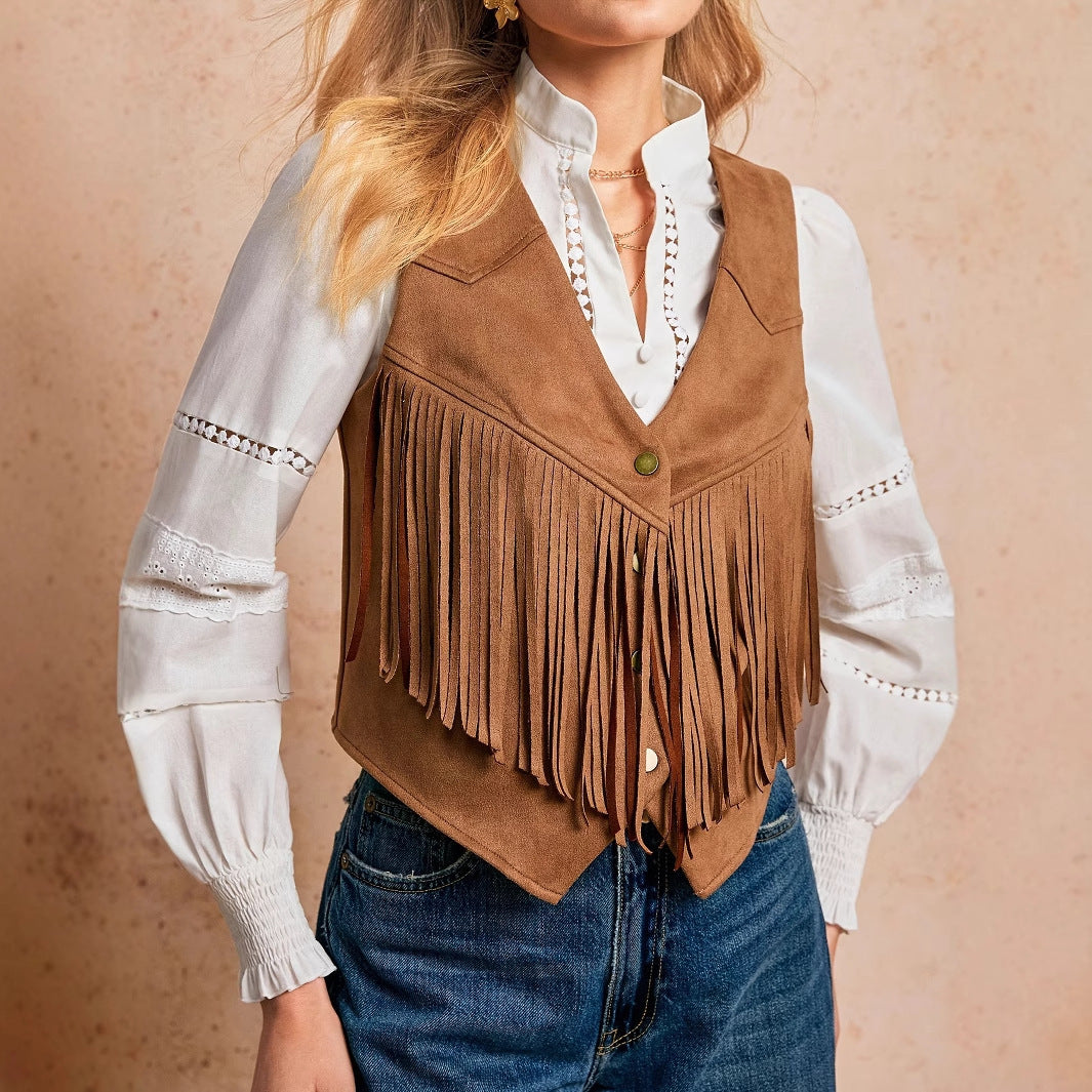 Solid Color Casual Retro Tassel Decoration Front Metal Button Vest Jacket