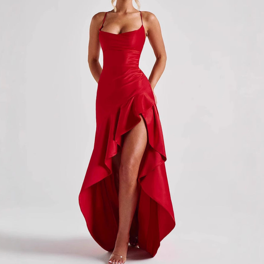 Backless Ruffles Irregular Dress Summer Fashion Evening Party Club Split Suspender Maxi Dresses Clothing
