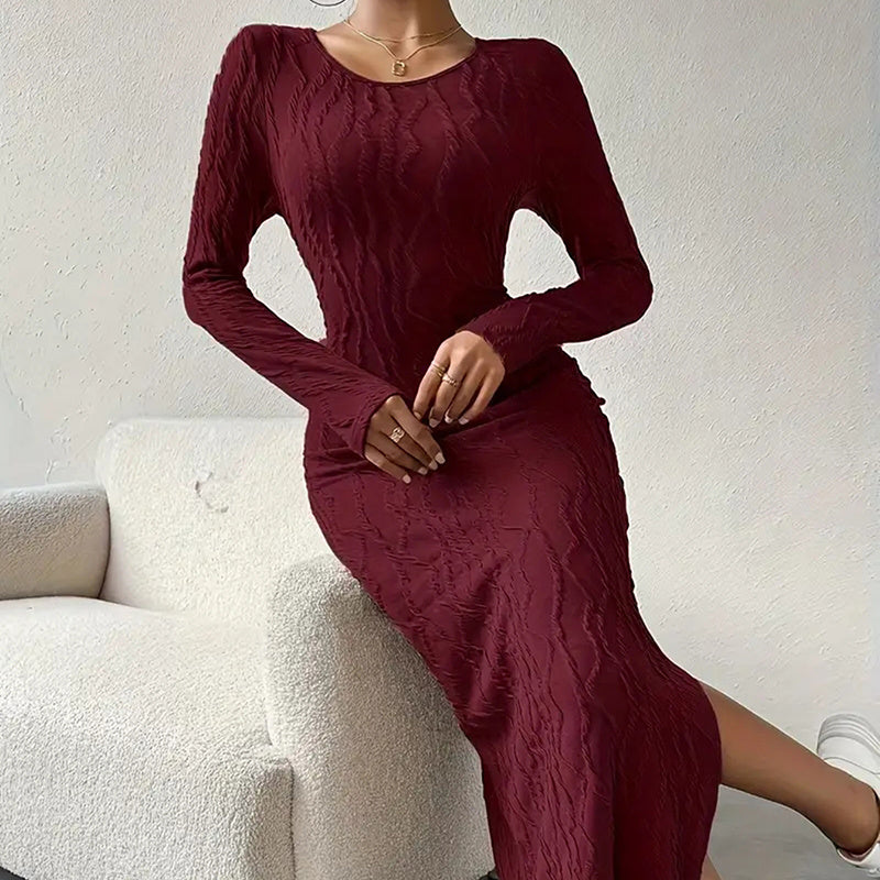 Crew Neck Long Sleeve Ribbed Dress Side Slit Knit Bodycon Midi Dress Women's