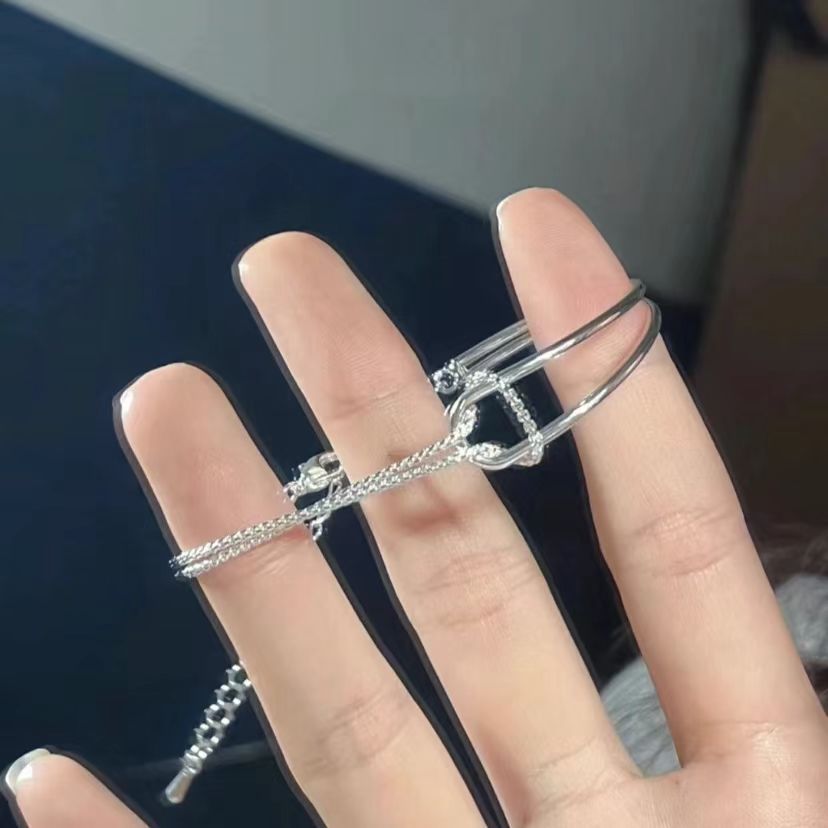 Elegant Silver Knot Design Adjustable Bracelet Simple High-grade Knotted Double-layer Half Bracelet For Women