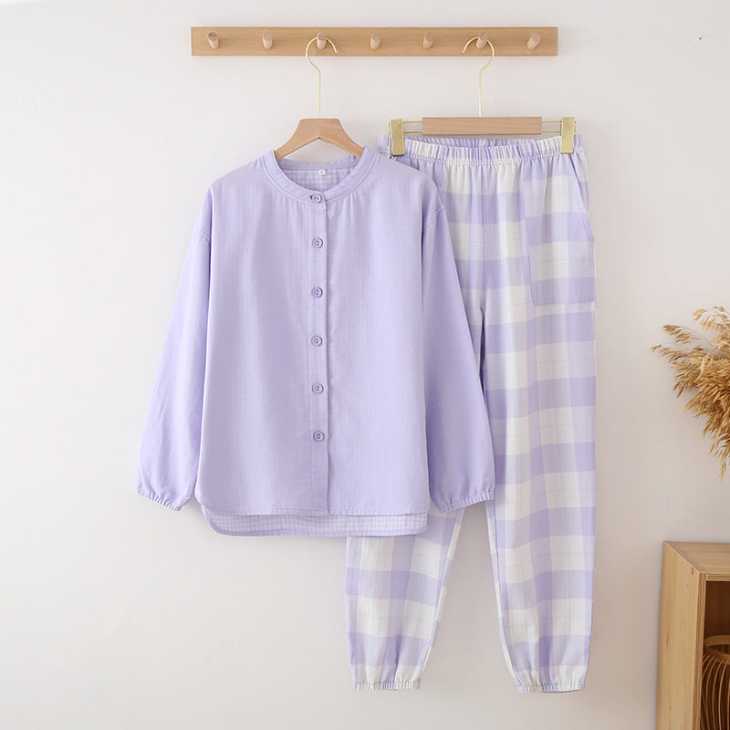Classic Notch Collar Top & Checkered Bottoms PJs Color Woven Double Gauze Couple Cotton Pajamas Set Day Round Collar Long Sleeve Four Seasons Thin Men And Women Home