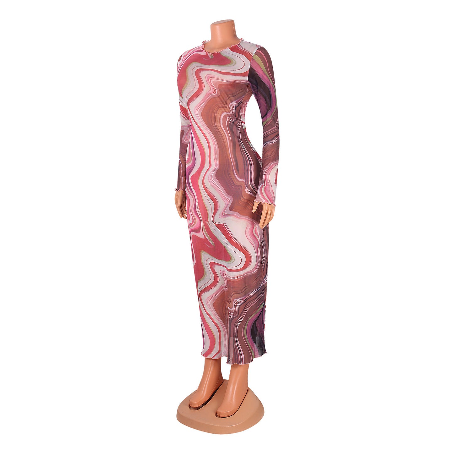 Sexy Mesh See-Through Print Long-Sleeved Dress