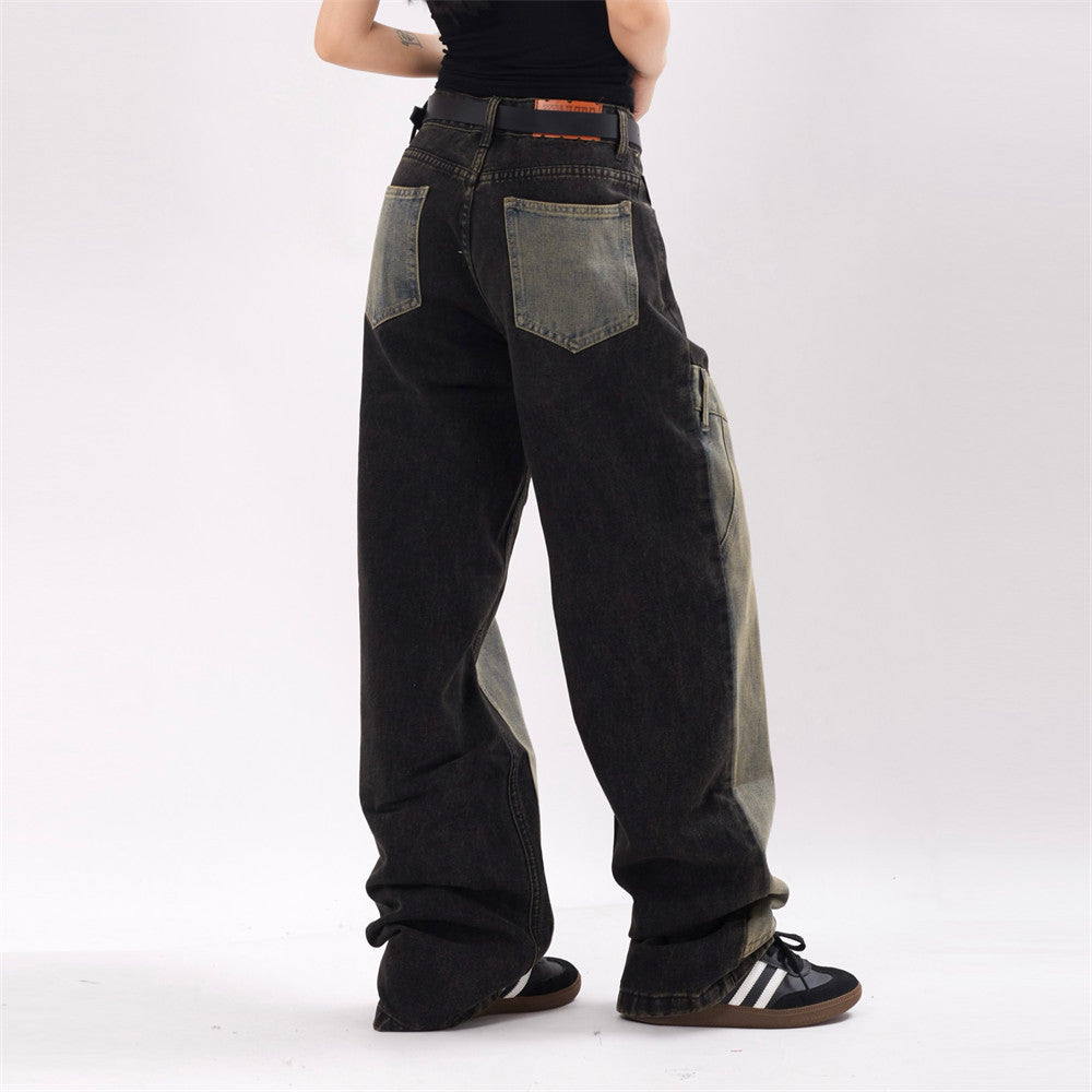 Raw Edge Revival – Two-Tone Panel Utility Jeans High Street Design Jeans For Men And Women
