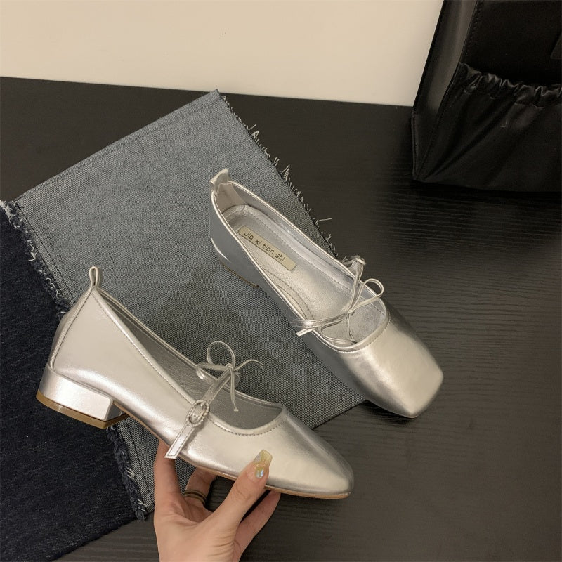 Silver Metallic Mary Jane Flats Women Simple Solid Color Square Toe Flat Shoes