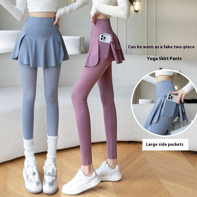 Flexi Skirt 2-in-1 Yoga Leggings – Sporty Chic with Pockets & Flair Spring New Fake Two-piece Outer Wear Sports Yoga Pants Women