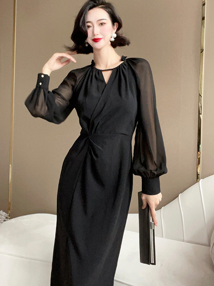 French Waistband Black Chiffon Dress