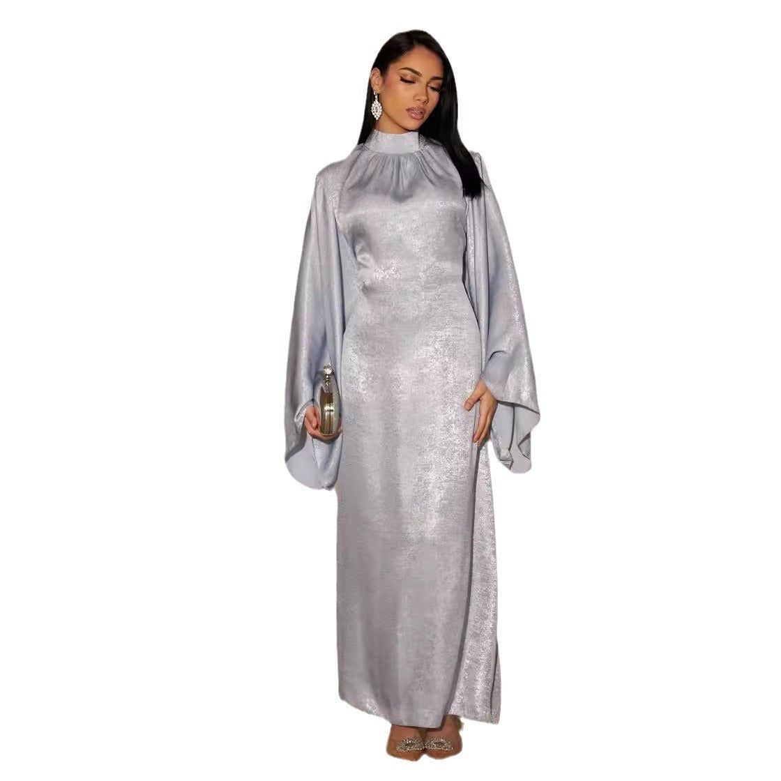 Elegant Metallic Shimmer Satin Maxi Dress Women's Fashion Stitching Dubai Turkey Elegant Dress