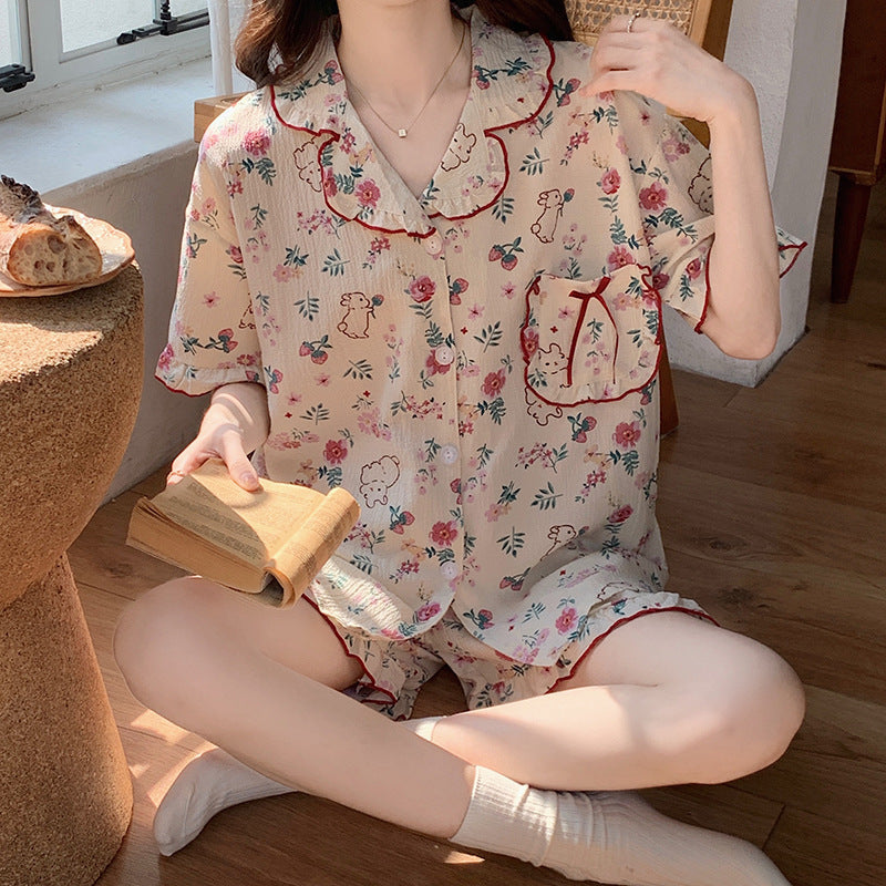 Cute Floral Print Short Sleeve Pajama Set with Ruffles Summer Short Sleeve Shorts Korean Style Two-piece Rabbit Pattern Combination Pajamas