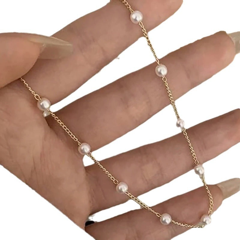 Dainty Gold Chain Pearl Station Choker Necklace | Minimalist Faux Pearl Design Creative Retro Elegant Necklace Women