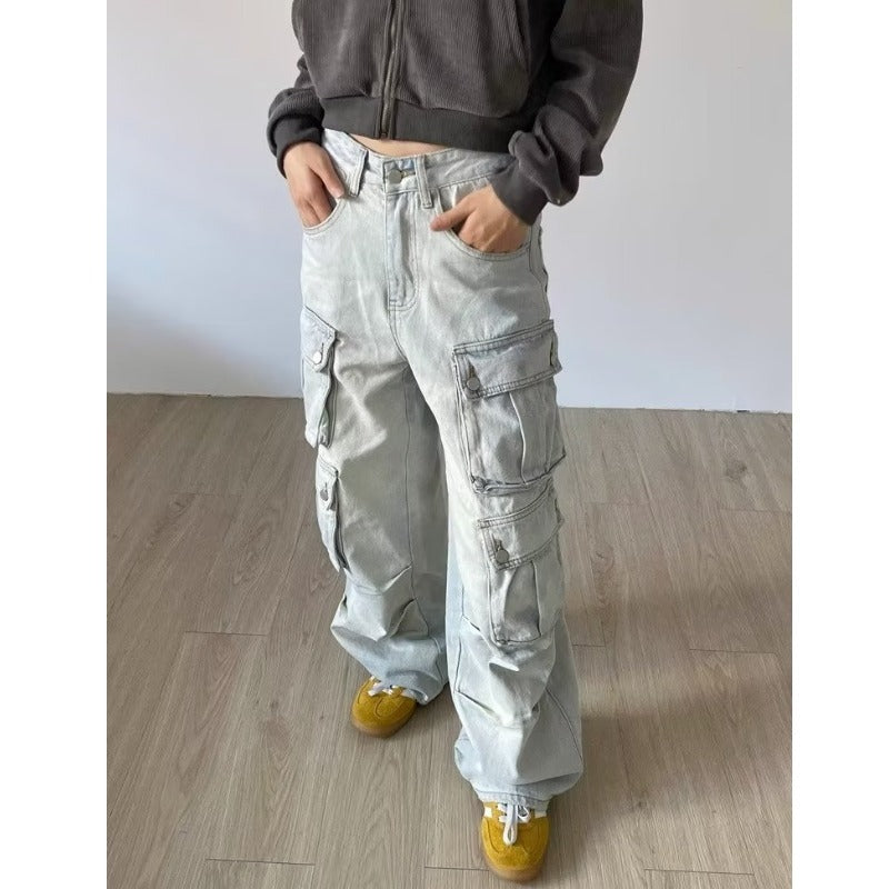Stone Grey Multi-Pocket Cargo Pants – Utility Meets Streetwear Retro Workwear With Pocket Jeans For Women