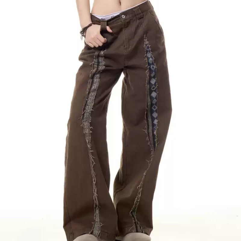 Y2K Tribal Stitch Flared Pants – Brown Statement Streetwear Retro Frayed Stitching Design Multi-pocket Jeans For Women