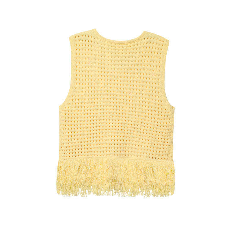 Fashionable Simple Decorated Tassel Plaid Knitted Top For Women