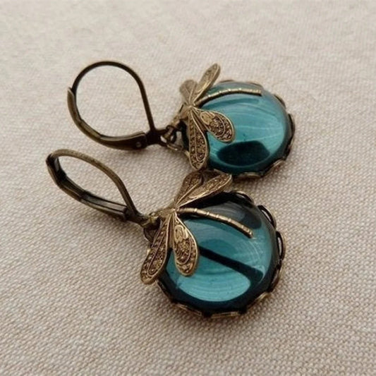 Vintage Inspired Dragonfly Dangle Earrings with Iridescent Cabochons