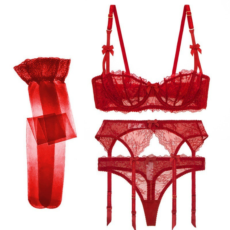 Sheer Lace Lingerie Set with Garter Belt & Stockings - Multiple Colors Half Cup Lace Bra Set Women