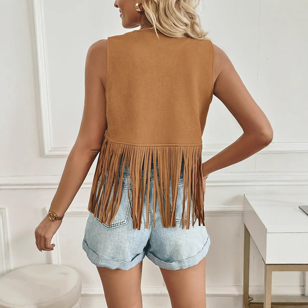 Western Cowboy Style Tassel Casual Solid Color Jacket