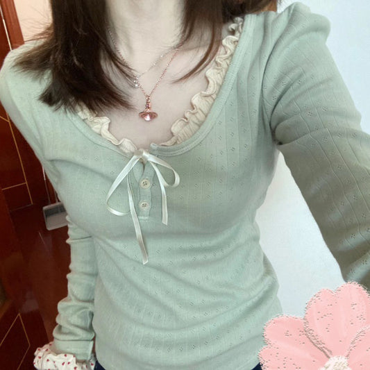 Three-button Eyelet Long-sleeved T-shirt Two-piece Set