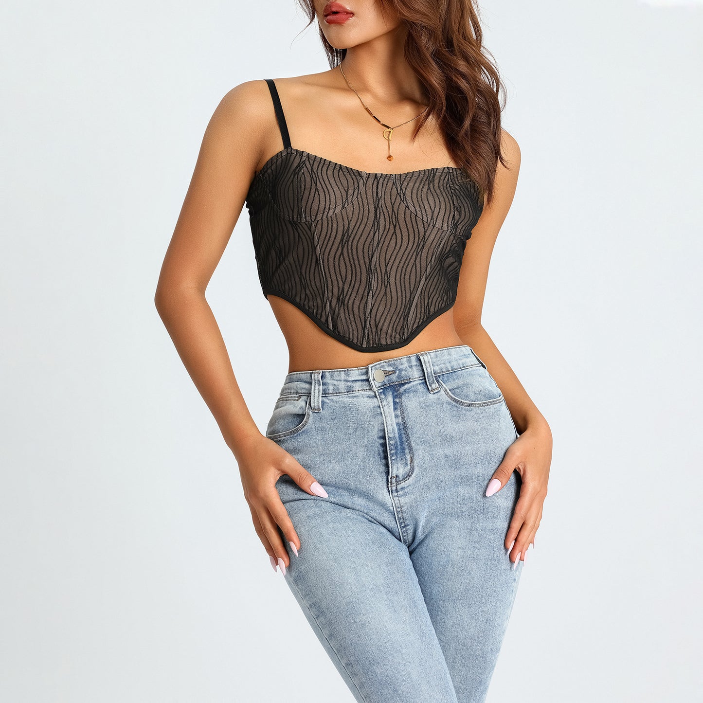 Trendy Ruched Mesh Bustier Crop Top with Boning Detail Hot Girl Top Camisole Women