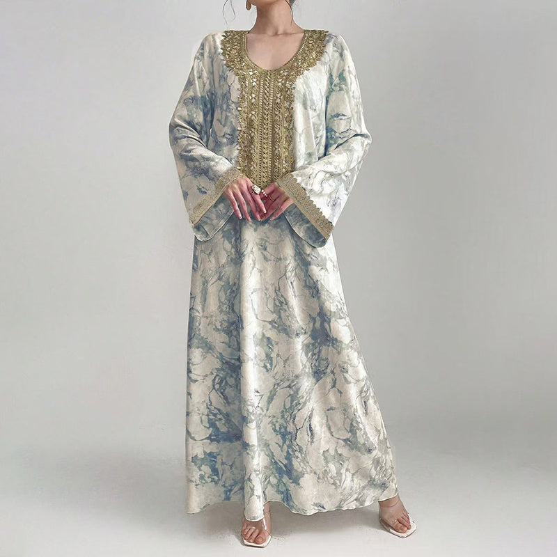 Bohemian Embroidered Printed V-Neck Maxi Dress, Long Sleeve Loose Fit Casual Plus Size Dress