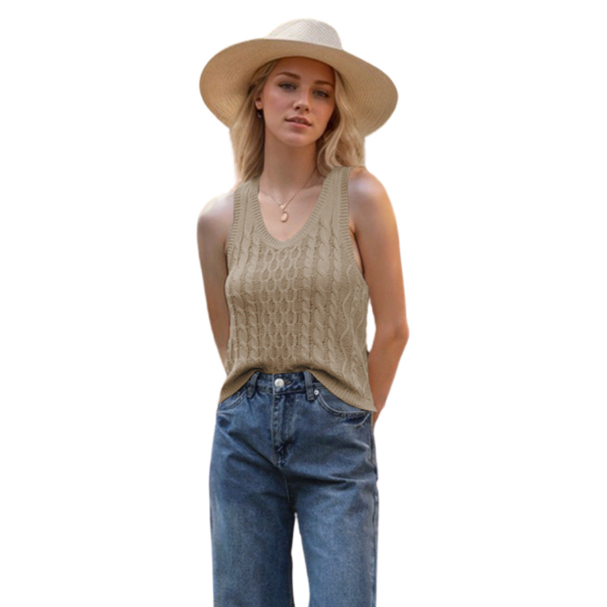Textured Ribbed Knit V-Neck Tank Top Women's V-neck Tank Vest Fashion Casual Knitted Solid Color Tops