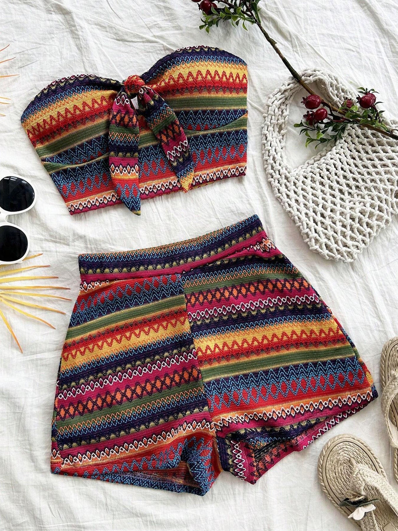 Women's Sexy 2pcs Set Summer Colorful Striped Elastic Suitable For Vacation And Daily Travel