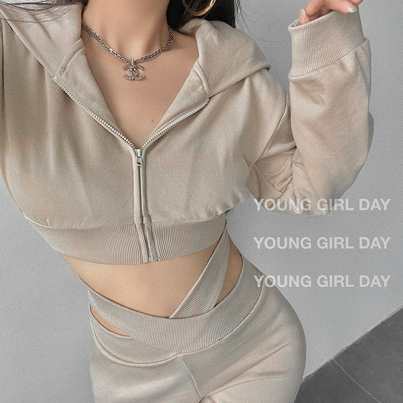 Chic Cropped Zip-Up Hoodie & Wide-Leg Sweatpants Set Trendy Hooded Long Sleeve Crop Crop Sweatshirt