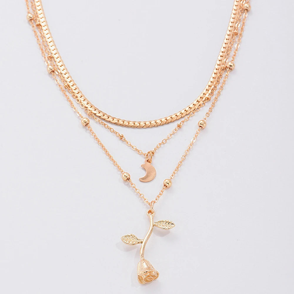 Bohemia Multilayer Moon Gold Color Pendant Necklaces For Women Rose Flower Choker Necklace