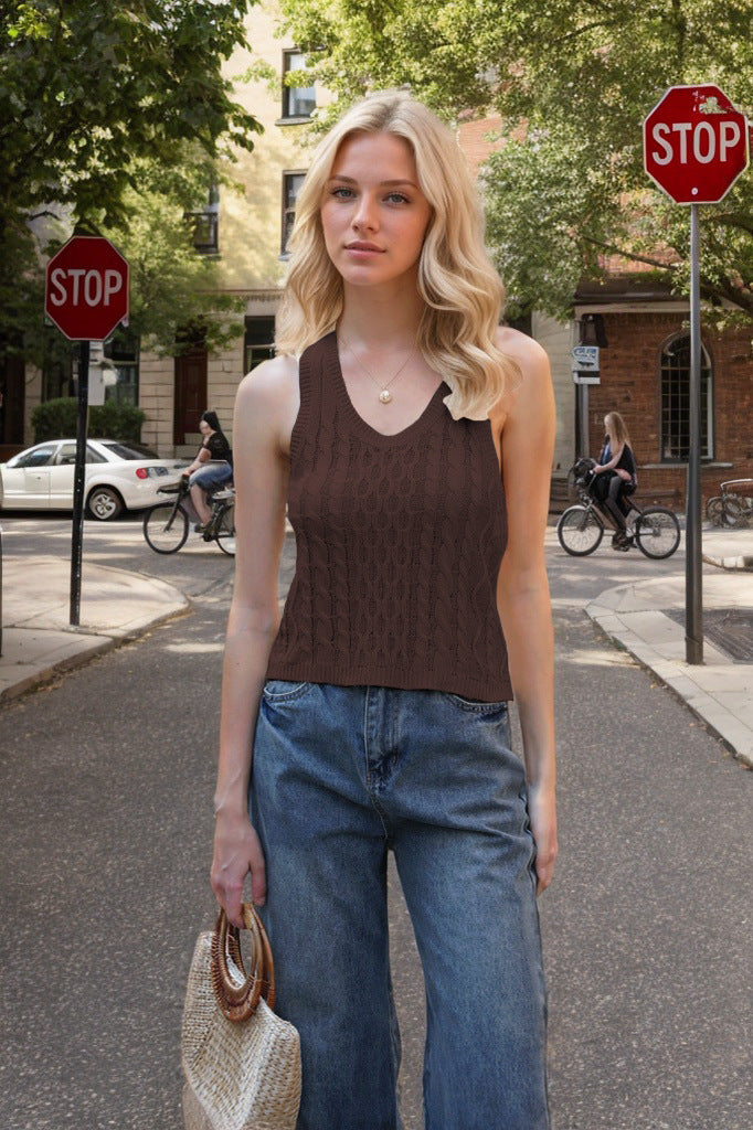 Textured Ribbed Knit V-Neck Tank Top Women's V-neck Tank Vest Fashion Casual Knitted Solid Color Tops