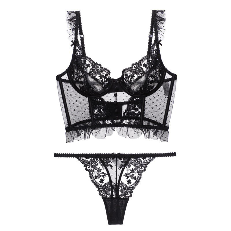 Romantic Floral Lace Underwire Corset Top & G-String Lace Sling Corset Embroidered Bra Set