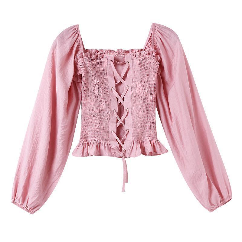 Elegant Off-Shoulder Shirred Crop Top | Long Sleeve Ruched Blouse Women's Short One Shoulder Chiffon Shirt Top