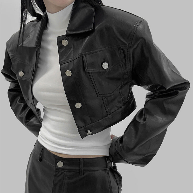 Black Long Sleeve Autumn Hot Girl All-matching Biker's Leather Jacket Women