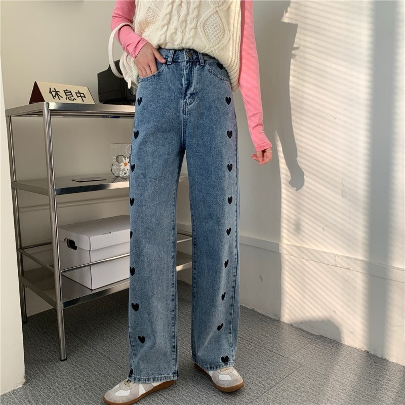 Heart Cutout Wide-Leg Jeans – Soft Girl Meets Streetwear New Design Sense Straight Loose High Waist Love Jeans For Women