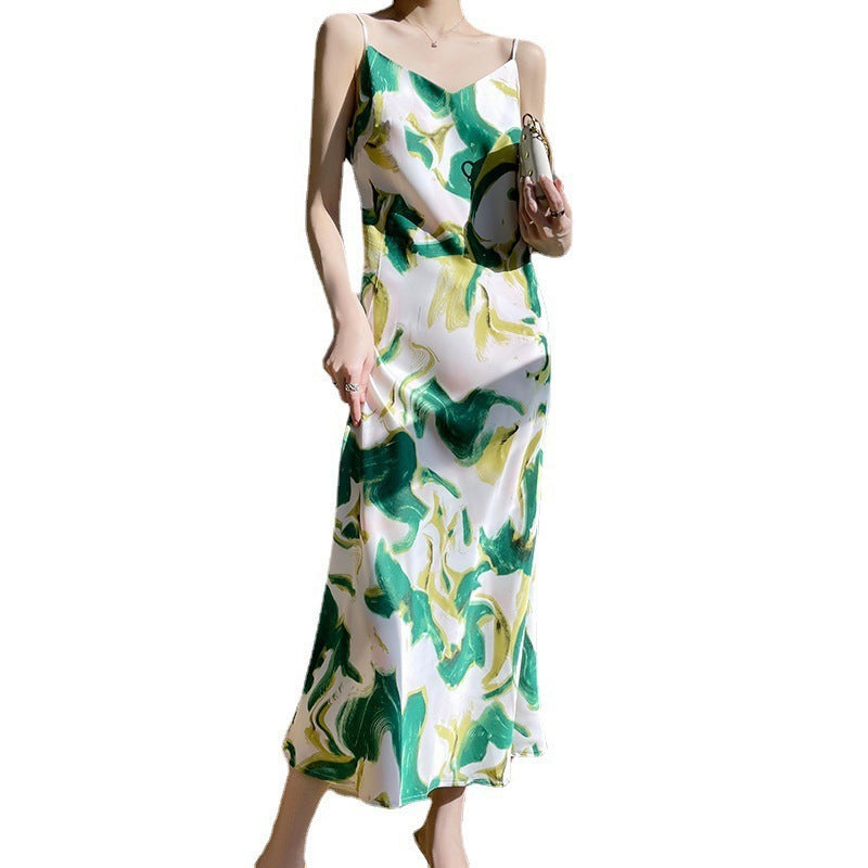 V-neck Mid-length Satin Sling Dress