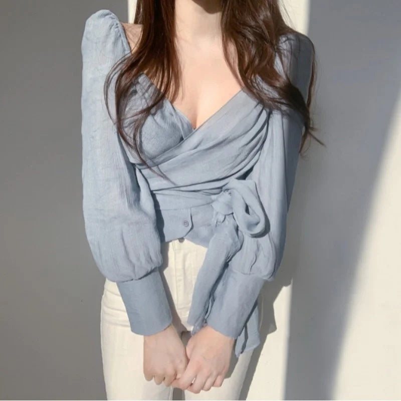 Chic & Versatile V-Neck Long Sleeve Blouse - Perfect for Dates & Office Fashion Elegant Chiffon Blouse Top For Women