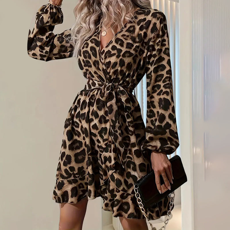 Leopard Print Ruffle Hem Long Sleeve V Neck Belted A Line Dress