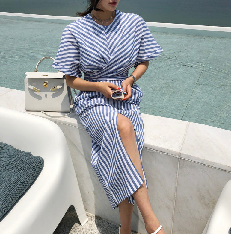 Striped cross-tie dress with front slit skirt for Women