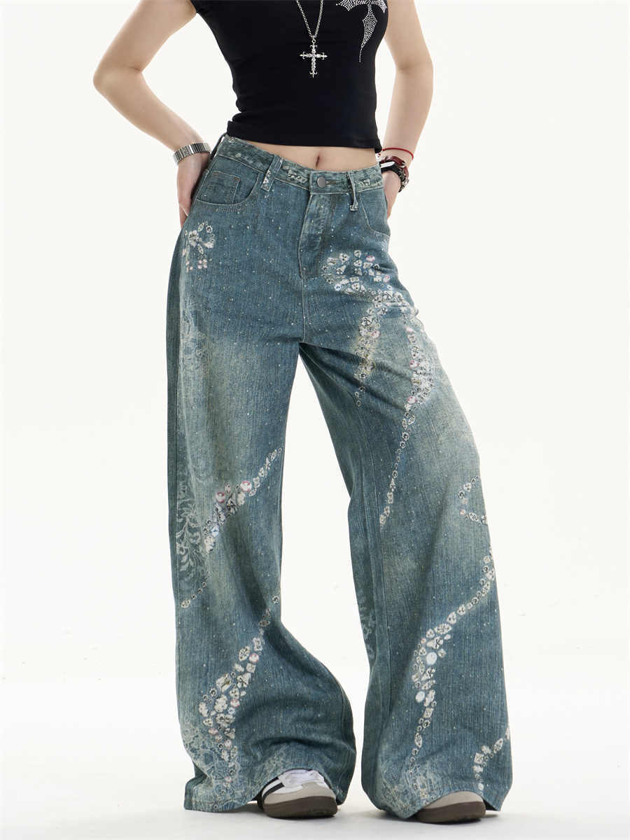 Retro Bowknot Printed Jeans Loose Wide-leg Pants