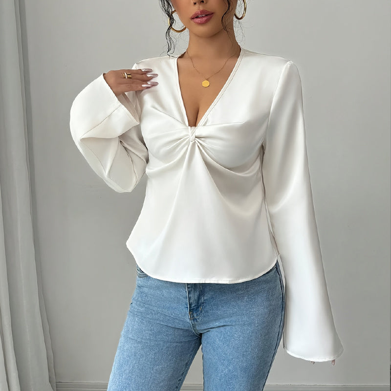 Elegant Solid Color V-neck Ruffled Front Flared Sleeve Shirt